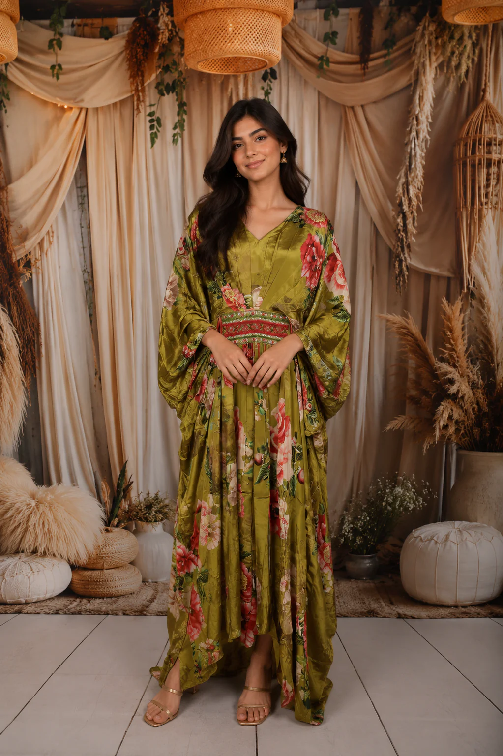 Green Floral Printed Kaftan-style Crepe Gown